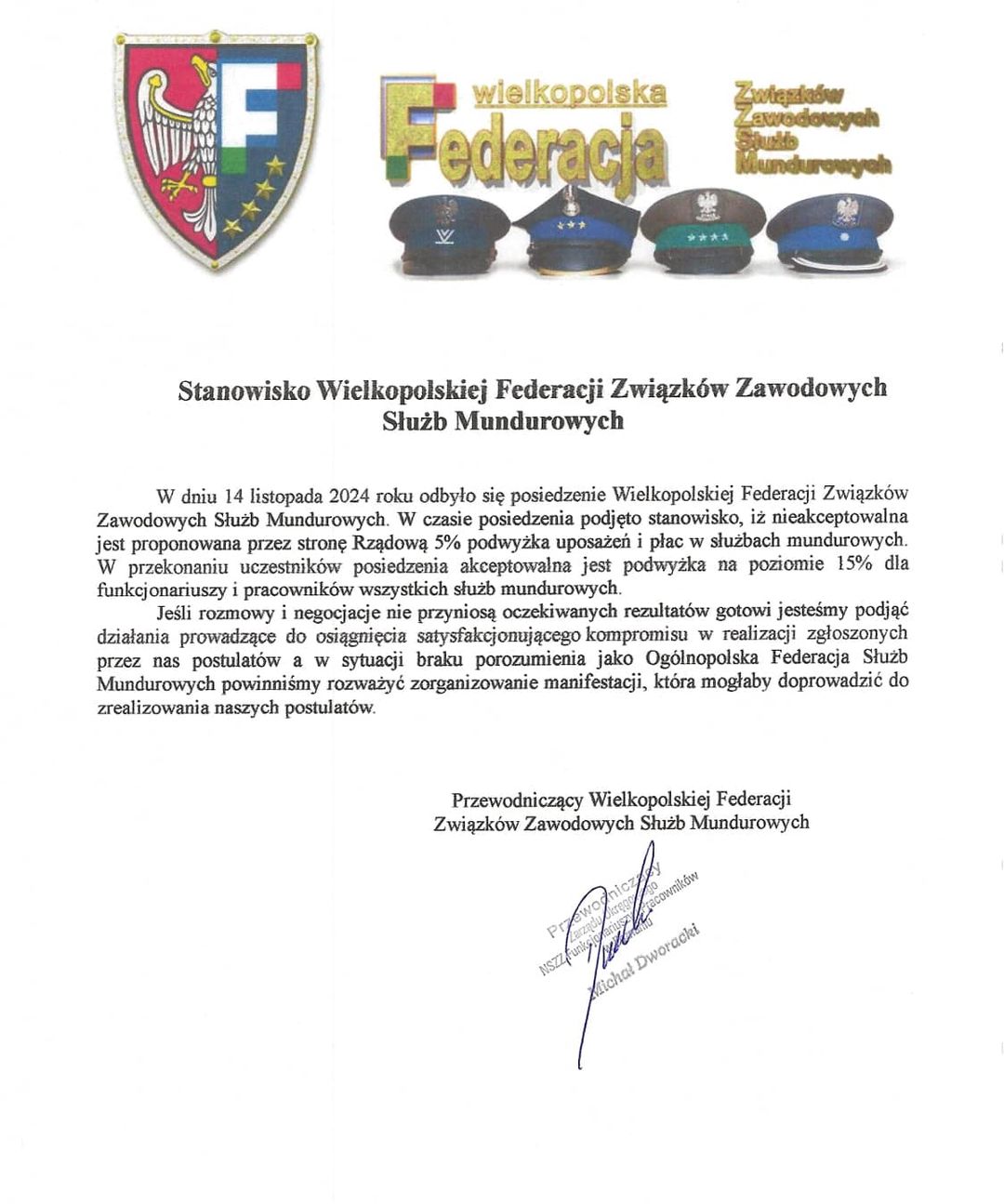 15 - 11 - 2024 - Stanowisko Wielkopolskiej Federacji Związków Zawodowych Służb Mundurowych dot. posiedzenia Zespołu do spraw poprawy warunków pełnienia służby oraz stanowiska pozostałych służb mundurowych i budżetowych (...)