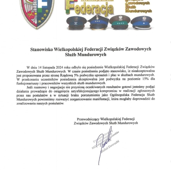 15 - 11 - 2024 - Stanowisko Wielkopolskiej Federacji Związków Zawodowych Służb Mundurowych dot. posiedzenia Zespołu do spraw poprawy warunków pełnienia służby oraz stanowiska pozostałych służb mundurowych i budżetowych (...)